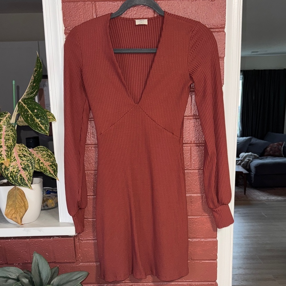 Wilfred Ribbed Rust Long Sleeve V Neck Dress